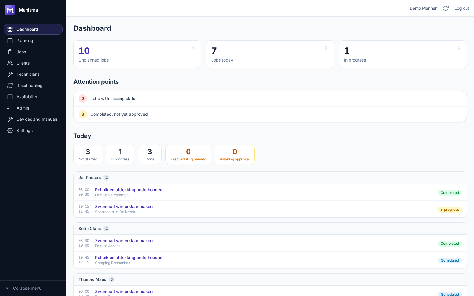Screenshot of the Manisma dashboard showing today’s jobs and an attention panel.