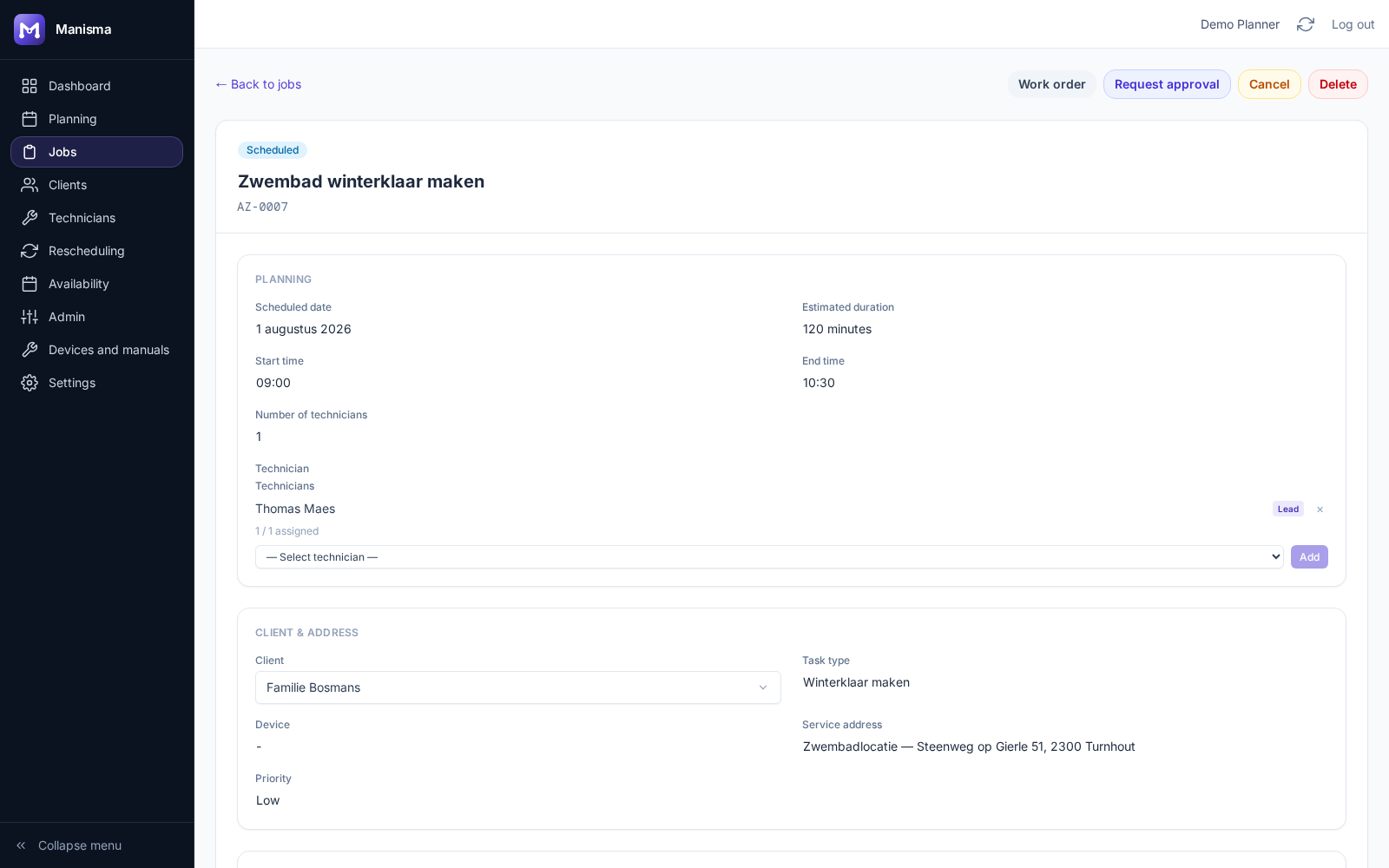 Mobile screenshot of a job detail with buttons to navigate, call the customer and copy the address.