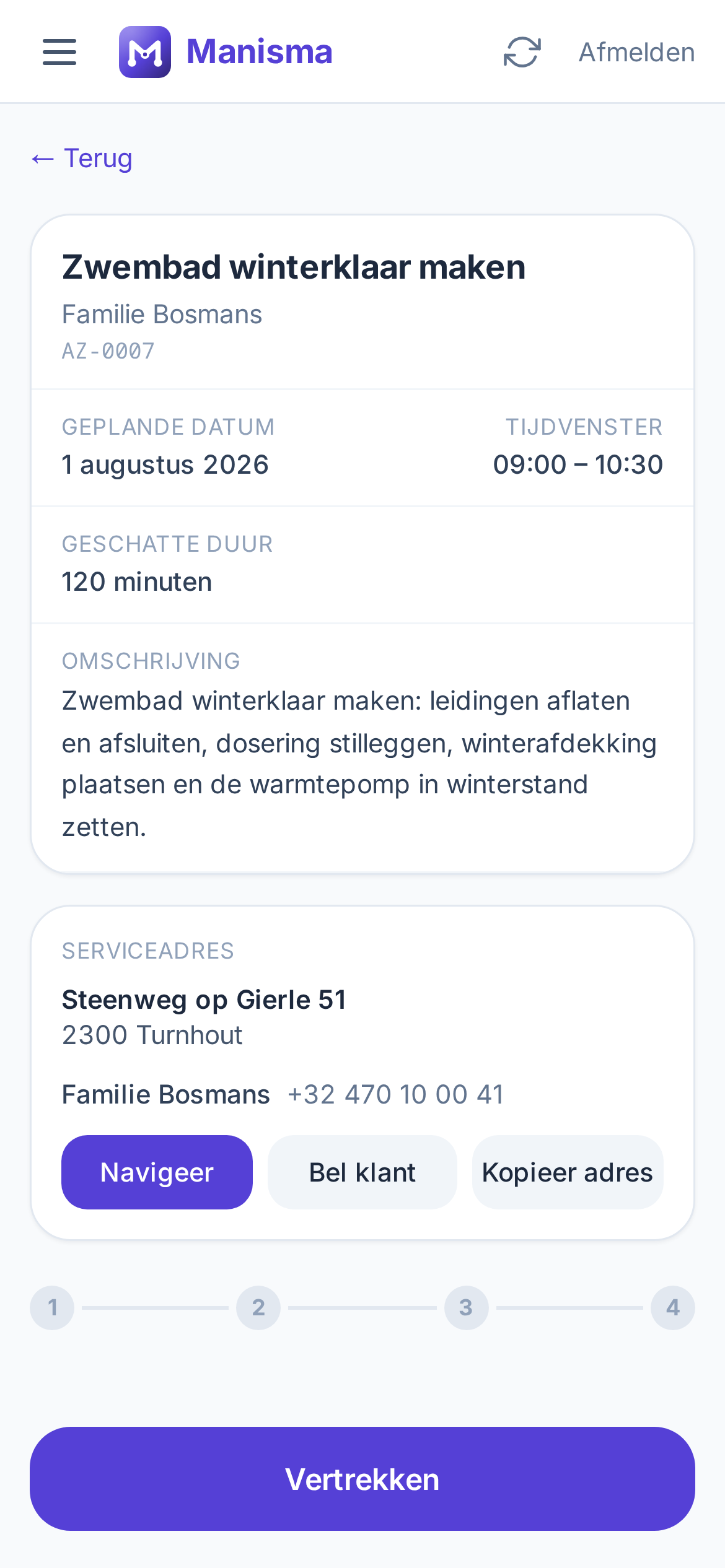 Mobiele schermafbeelding van een opdrachtdetail met knoppen om te navigeren, de klant te bellen en het adres te kopiëren.