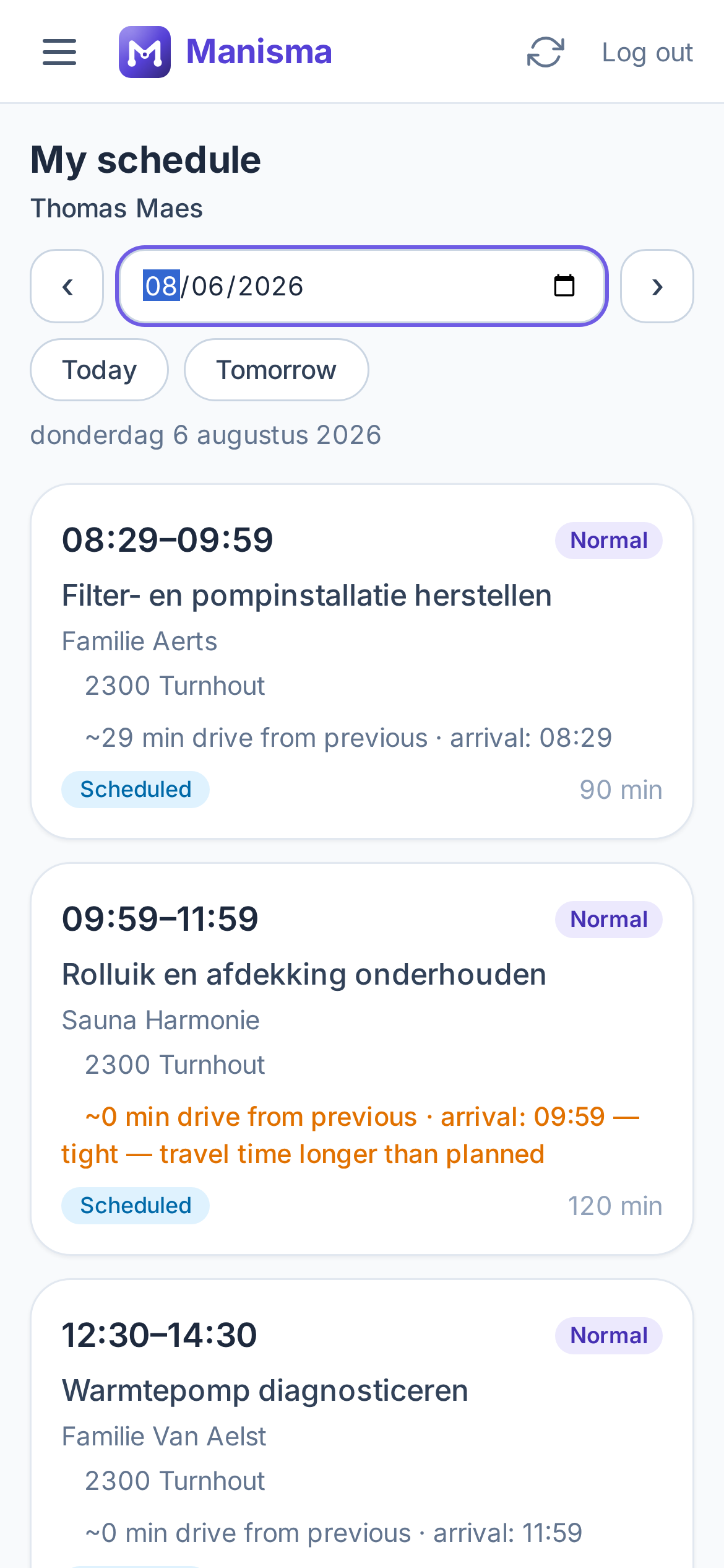 Mobile screenshot of "My schedule" showing a technician’s day plan with travel times between stops.