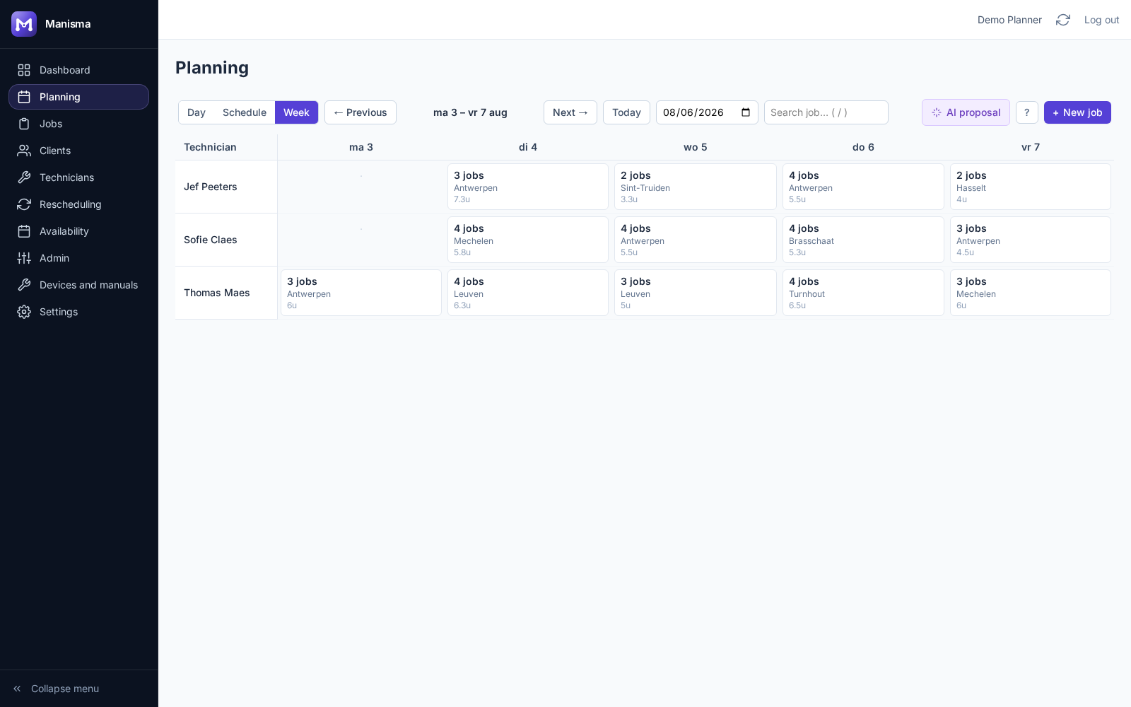 Screenshot of the Manisma week planning with jobs distributed across three technicians and an AI proposal button.