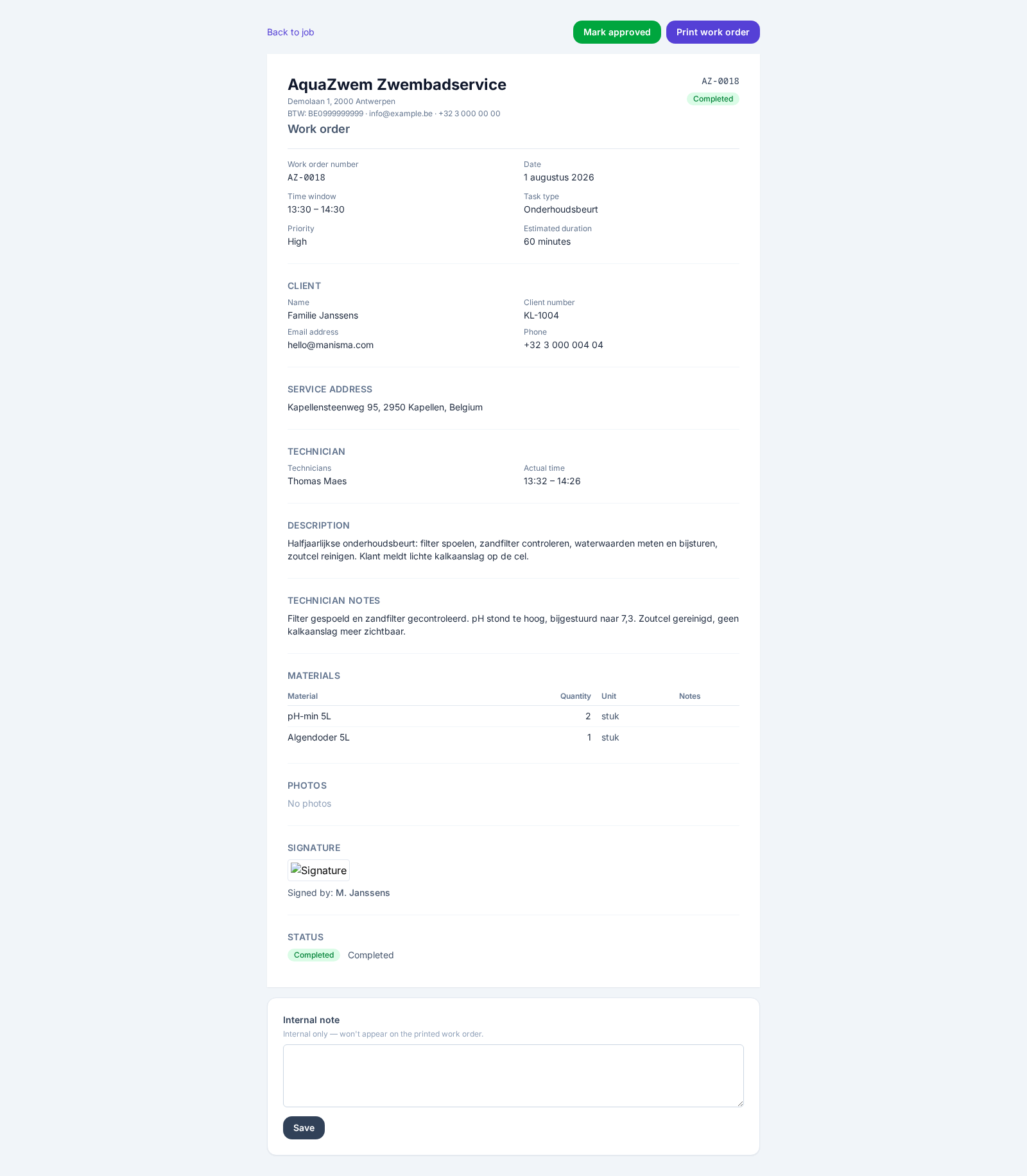 Screenshot of a Manisma work order showing an overview of materials used and job details.